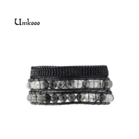 Unisex Bracelet Boho Black Crystal with Black Seeds Beads Wrap Bracelet Leather Wrap Bracelet 3 Strands Stone Rope Jewelry
