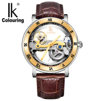 IK Coloring Male Clock Men's Mechanical Wrist Watch Bridge Leather Strap Skeleton Wristwatch Automat