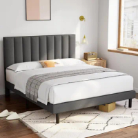 King-size Bed Frame Upholstered Platform with Headboard and Sturdy Wooden Slats, Non-slip and Noiseless, No Springs Required