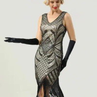 Women's Flapper Dresses 1920s Vintage V Neck Beaded Fringed Great Gatsby Party Dress