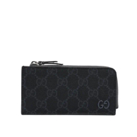【GUCCI 古馳】GG Supreme 帆布及皮革拉鍊卡夾/零錢包(黑色/灰色)