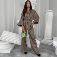 Fashional Print Women's Pajama Set Long Sleeve Laides Kimono and Pant Sleepwear 2 Pieces Suit Autumn Homewear for Female