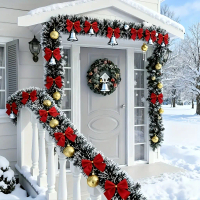 393.7inch -2 Piece Set with Red Bow, Dark Green and White Snowflake Christmas Garland Decoration, Li