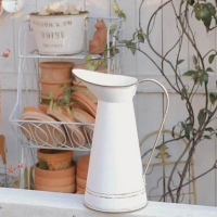 【JEN】歐式復古園藝金屬水壺花瓶擺飾高28cm(白色)