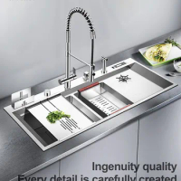 ASRAS 12050P Exquisite Luxury Handmade Kitchen Sink Spring Stretch 304 Stainless Steel Faucet Large Double Sink With Cup Rinser