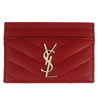 YSL MONOGRAM 紅色V型縫線珍珠紋牛皮金LOGO名片夾(5卡)
