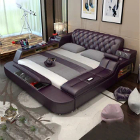 Genuine leather bed frame Soft Beds massager storage safe speaker LED light Bedroom cama muebles de dormitorio / camas quarto