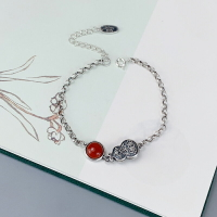925純銀南紅瑪瑙葫蘆手鏈女鎖骨民族風ins設計個性復古銀飾手飾品