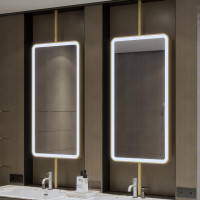 北歐衛生間發光吊鏡懸空金屬框天花板吊鏡帶燈鏡酒店民宿浴室鏡子