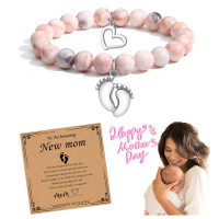 Fashion Pregnant Women Bracelet Small Foot Palm Jewelry 8mm Pink Zebra Stone Footprint Pendant Brace