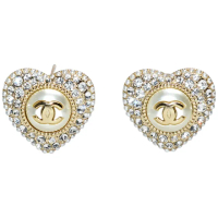 【CHANEL 香奈兒】經典水鑽珍珠雙C LOGO愛心造型穿式耳環(銀/金色AB9399-Silver-OR)