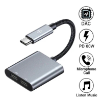 60W PD USB C To Dual Type-C Headphone Audio Adapter DAC HIFI Aux Cable