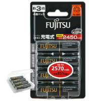 【FUJITSU 富士通】日本製 低自放電高容量2450mAh充電電池HR-3UTHC 3號4入+專用儲存盒*1