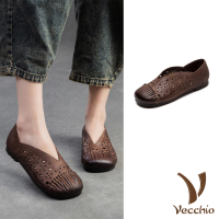 【Vecchio】真皮便鞋 低跟便鞋/全真皮頭層牛皮刺繡沖孔手工縫線拼接舒適低跟便鞋(棕)