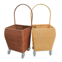 zq Rattan Real Rattan Portable Shopping Grocery Shopping Cart Large Capacity Luggage Trolley Hand Buggy
