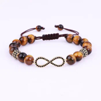 High Quality New Design CZ Pava BAll Infinity Charm Natural Stone Tiger Eye Men Jewelry Bracelet For Men's Gift
