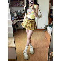 {UTUO} Retro Yellow Plaid  Skirt Women's Summer 2025 New Sle Slim Low Waist Design Sensation Pleated