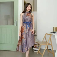 C2W Clothtowear Dress Batik Wanita All Size Satin Women's Clothes Halter Neck Loose Two Layer 640-SB