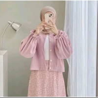 Cardigan Crop Top Hornet Kancing Lengan Panjang Kerut Balon Wanita Knit Kardigan