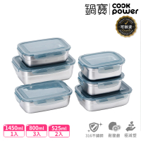 CookPower 鍋寶 可微波316不鏽鋼保鮮盒6件組(3款選)