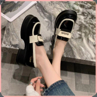 XUE Giày đốc nữ chữ miumiu 2 màu pha đen trắng đế cao 5cm xinh tôn dáng