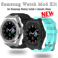Metal Case Modification Kit for Samsung Watch 4 Classic 46mm Stainless Steel Case Silicone Strap for Galaxy Watch 4 Classic Band