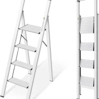 KINGRACK Aluminium 2-5 Step Ladder, Lightweight Step Stool with Non-Slip Pedals, Handrail, Foldable Step Ladder for Kitchen
