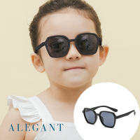 ALEGANT探索霧感板黑兒童專用輕量矽膠彈性太陽眼鏡/UV400方框偏光墨鏡