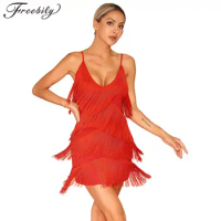 Women Sexy Tassel Latin Dress Adjustable Strap Tiered Fringe Flapper Dress for Evening Nightclub Modern Dancing Fancy Costumes