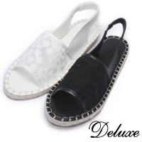 【Deluxe】雪花蕾絲網紗草編涼鞋(黑★白)