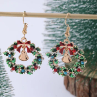 1 Pair Christmas Wreath Drop Earrings Crystal Paved Golden And Silvery Women Girls Jewelry Accessories Xmas Holiday Gift