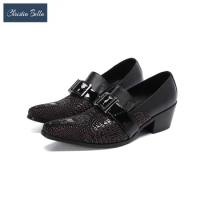 New Men Genuine Leather Banquet Increase Shoes Pointed Toe Business Large Size Brogues Shoes Formal Monk Strap Office Shoes