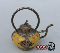 古玩收藏品瓷器 古典家居裝飾品包銀黃色瓷壺 水壺 酒壺 銅茶壺1入