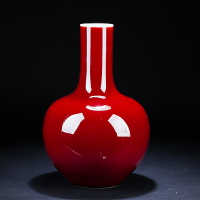 景德鎮陶瓷霽紅色天球花瓶仿古中式客廳裝飾博古架工藝品擺件大號