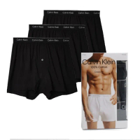 【Calvin Klein 凱文克萊】CK 男內褲 純棉經典針織 四角內褲 前開式鈕扣 四角褲 黑色(3件組)