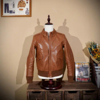 Replica of Buzz Rickson's 23380 Vegetable-Tanned Goatskin A2 Flight Suit Jacket Leather Jacket Men's Short Style