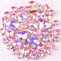 Gold claw setting 50pcs/bag shapes mix jelly candy Violet AB glass crystal sew on rhinestone wedding dress shoes bags diy