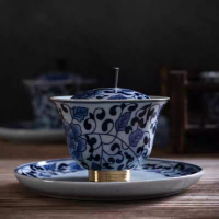青花瓷蓋碗茶杯泡茶大號三才茶碗單個功夫茶具手抓壺陶瓷家用復古