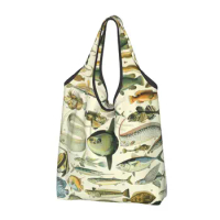 Custom Vintage Adolphe Millot Poissons Shopping Bags Portable Groceries Book Encyclopedia French Painter Tote Shopper Bags