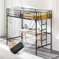 Bunk loft bed with stairs, metal single loft bunk bed with safety rails and flat ladder for children, teens and adults