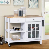 Rolling Kitchen Island Towel Rack Wine Shelf Portable Kitchen Cart Wood Top Kitchen Trolley With Drawers and Glass Door Cabinet