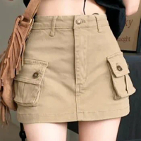 Women Demin Shorts Ladies Summer High Waist Y2K Vintage Streetwear Slim Fit Mini Skirts Female A-Line Big Pocket Cargo Skirt
