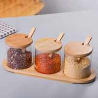 3PCS Glass Household Condiment Jars Salt Sugar Jars Wooden Lid Transparent Glass Paprika Container with Wooden Spoon for Kitchen