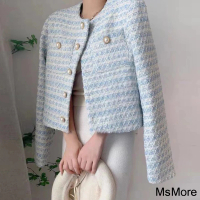 【MsMore】香榭氣質高級感小香風圓領長袖藍白珍珠扣短版外套#114328(藍色)