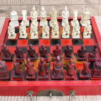 Antique Wooden Chess Pieces Set Board Game Family Leisure Toys Chess Terra Cotta Warriors Chess Figure Chess Wooden Chess Board