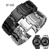 For Casio EF-550 EF-524 Stainless Steel Watchband 22mm Silver Strap Deployment Buckle Bracelet Metal Belt Men's Watch Chain