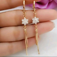 Anting Panjang Wanita Gold Motif Bunga & Rantai Layer - Fashion Import Korea Anti Gatal