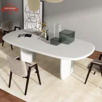 北歐全實木餐桌簡約現代設計師個性辦公桌橢圓形長條洽談桌工作臺