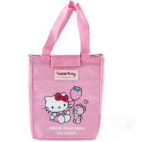 小禮堂 Hello Kitty 直式尼龍保冷手提便當袋《粉白.拿汽球》手提袋.野餐袋.保冷袋