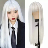 FGY Ladies Long Straight Hair With Bangs Cosplay 28 Inch Pure White Anime Lolita Heat Resistant Fiber Synthetic Wig